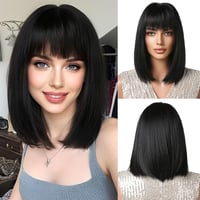 OUFEI Fekete Bob Paróka Frufruval - Rövid Egyenes Műhaj Nőknek - Hőálló Szintetikus Paróka Cosplay, Parti és Hétköznapi Viseletre 1