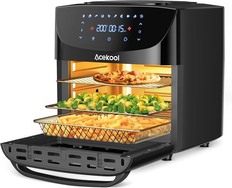 Acekool 18L XXL Forrólevegős Sütő, 1800W Olajmentes Fritőz, LED Érintőkijelzővel, Átlátszó Ablakkal, 7 Kiegészítővel, Időzítővel, Fekete