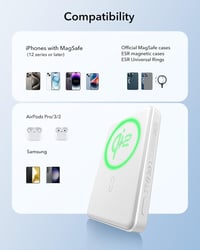 ESR Qi2 Tanúsított MagSafe Powerbank 10000mAh - 15W Gyorstöltő iPhone 16/15/14/13/12 Készülékekhez, Kompakt Hordozható Külső Akkumulátor USB 8