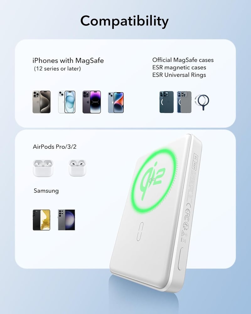 ESR Qi2 Tanúsított MagSafe Powerbank 10000mAh - 15W Gyorstöltő iPhone 16/15/14/13/12 Készülékekhez, Kompakt Hordozható Külső Akkumulátor USB