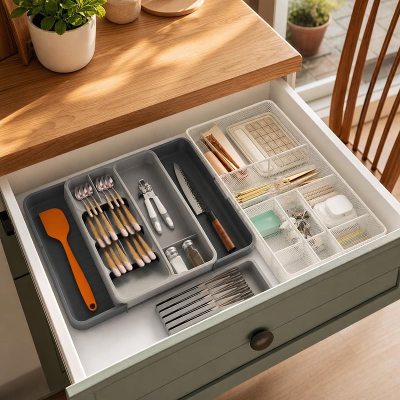 Set za organizaciju ladica: samoljepljiva folija + proširivi umetak za pribor + metalni organizator
