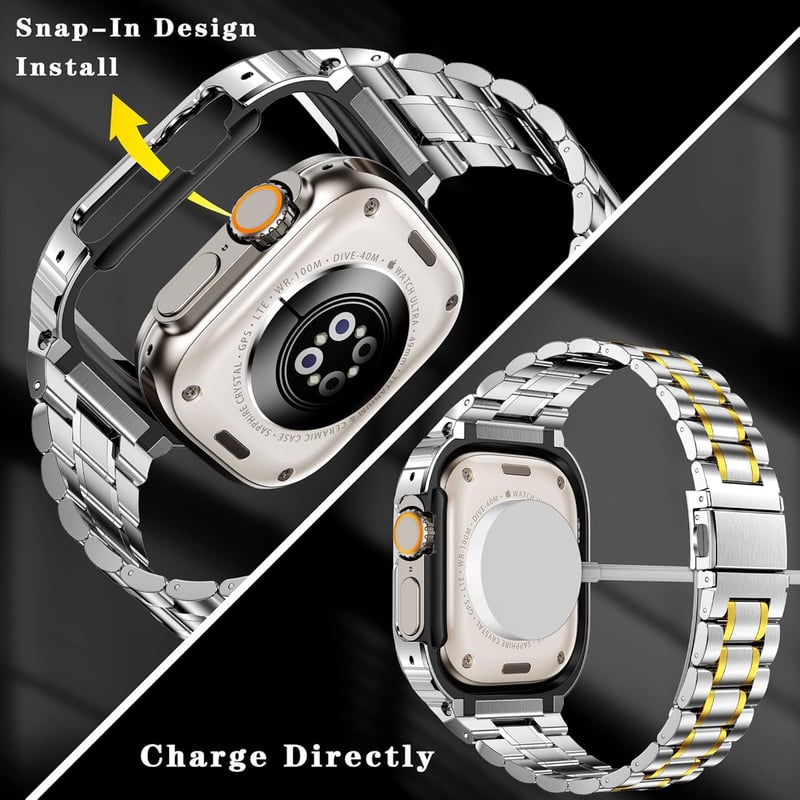Apple Watch Ultra 49mm Védőtokos Fém Szíj - MioHHR Ütésálló Ezüst/Arany