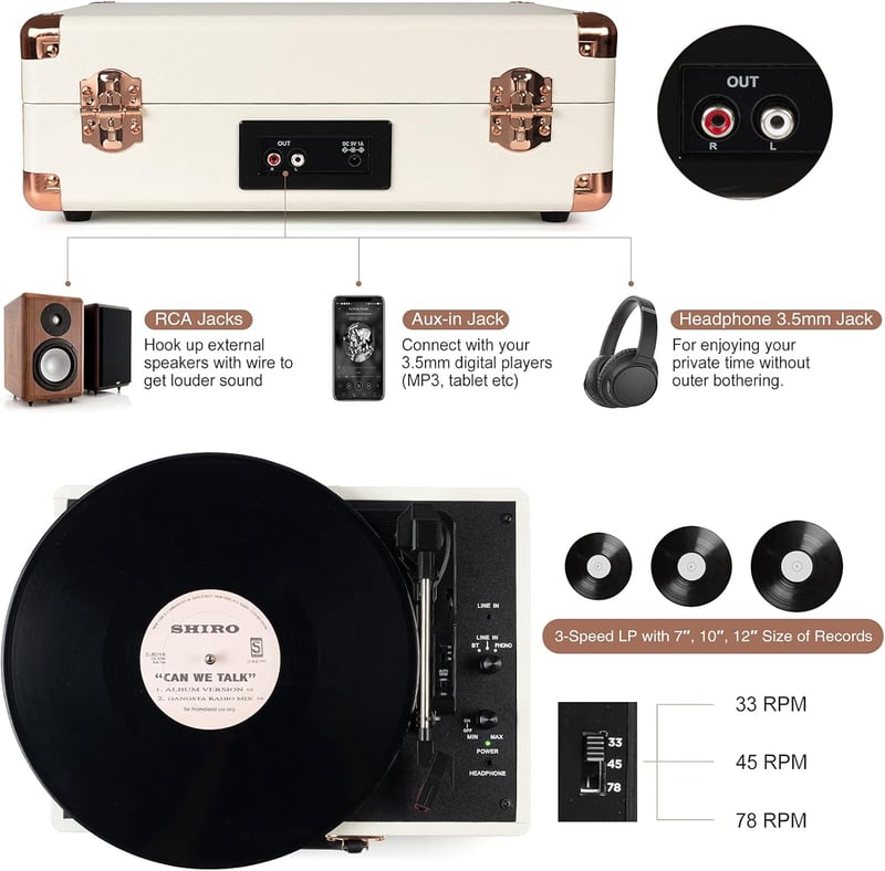 Hordozható Bluetooth lemezjátszó 3 sebességgel, beépített hangszórókkal - Bőrönd stílusú vinyl lejátszó