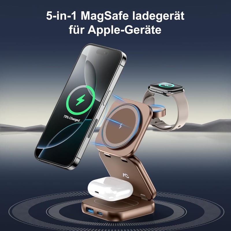 AC Island 5 az 1-ben Mágneses Töltőállomás iPhone 16/15/14/13/12, Apple Watch, AirPods Készülékekhez - Összecsukható Utazási Vezeték Nélküli