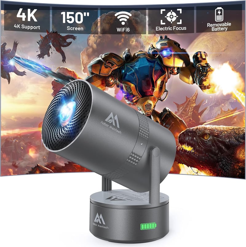 AUBOR MENTECH 4K Mini Projektor Beépített Akkumulátorral - WiFi 6, Bluetooth 5.2, Android OS, 150" Kijelző, Automatikus Keystone Korrekció, 