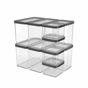 Set Rotho Loft posuda za čuvanje namirnica s poklopcem, prozirno crne, ne propuštaju mirise, složive, perive u perilici posuđa, plastične — set od 8 komada