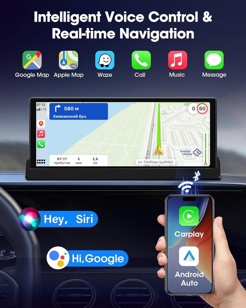 Jansite 10,26" Érintőképernyős CarPlay Android Autós Kijelző Állvánnyal - GPS Navigáció, Tolatókamera, Siri/Google Asszisztens, Vezeték Nélk