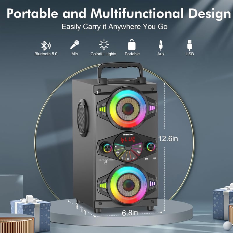 TOMPROAD Bluetooth Hangszóró 60W - Hordozható Vezeték Nélküli Hangfal Karaoke Funkcióval, FM Rádióval, LED Világítással és Távirányítóval
