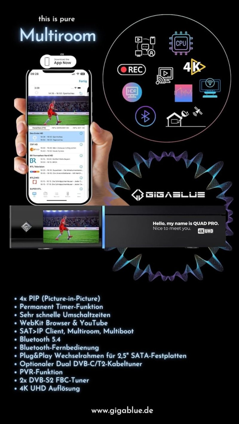GigaBlue UHD Quad 4K Pro PVR vevőkészülék HBB TV-vel, Bluetooth 5.4, 2x FBC DVB-S2 tunerrel, Gigabit LAN, 2TB HDD-vel