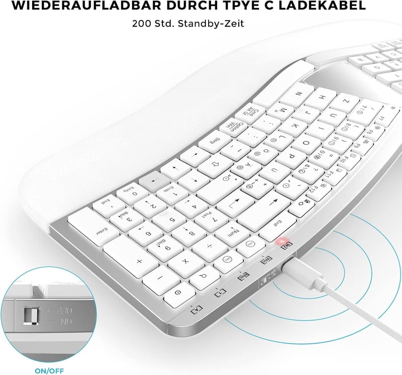 Seenda ergonomikus vezeték nélküli billentyűzet, USB-s, tenyértámasszal, Mac és Windows kompatibilis, német kiosztás, fehér-ezüst