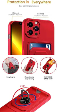 iPhone 15 Pro Max Piros Védőtok - 360° Gyűrűs Állvány, Kártyatartó, Mágneses 5