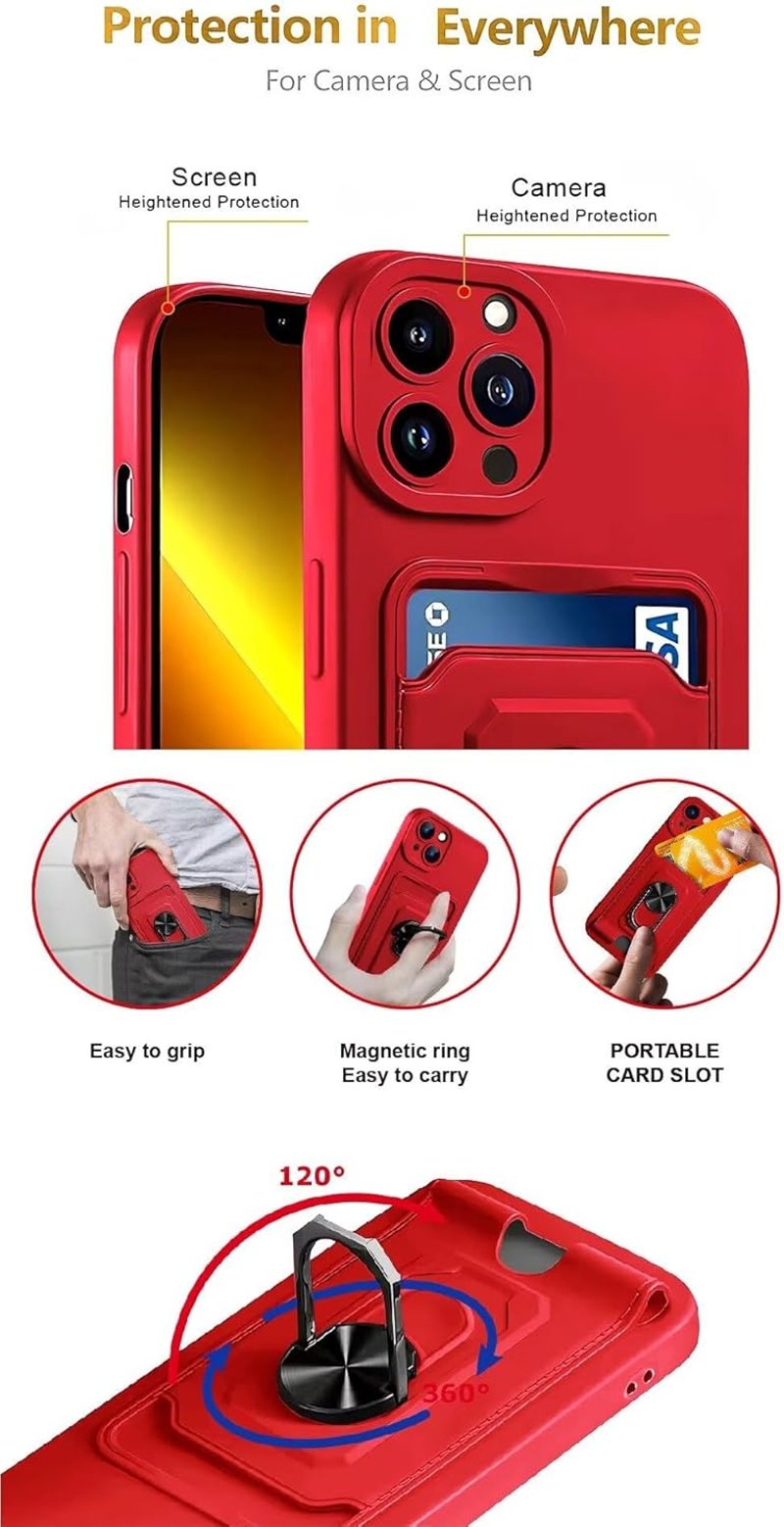 iPhone 15 Pro Max Piros Védőtok - 360° Gyűrűs Állvány, Kártyatartó, Mágneses