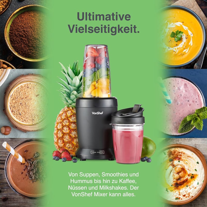 VonShef Személyi Turmixgép 1000W - Multifunkciós Smoothie Készítő Gyümölcsökhöz, Zöldségekhez, Jégzúzásra - 800ml és 500ml Hordozható Pohara