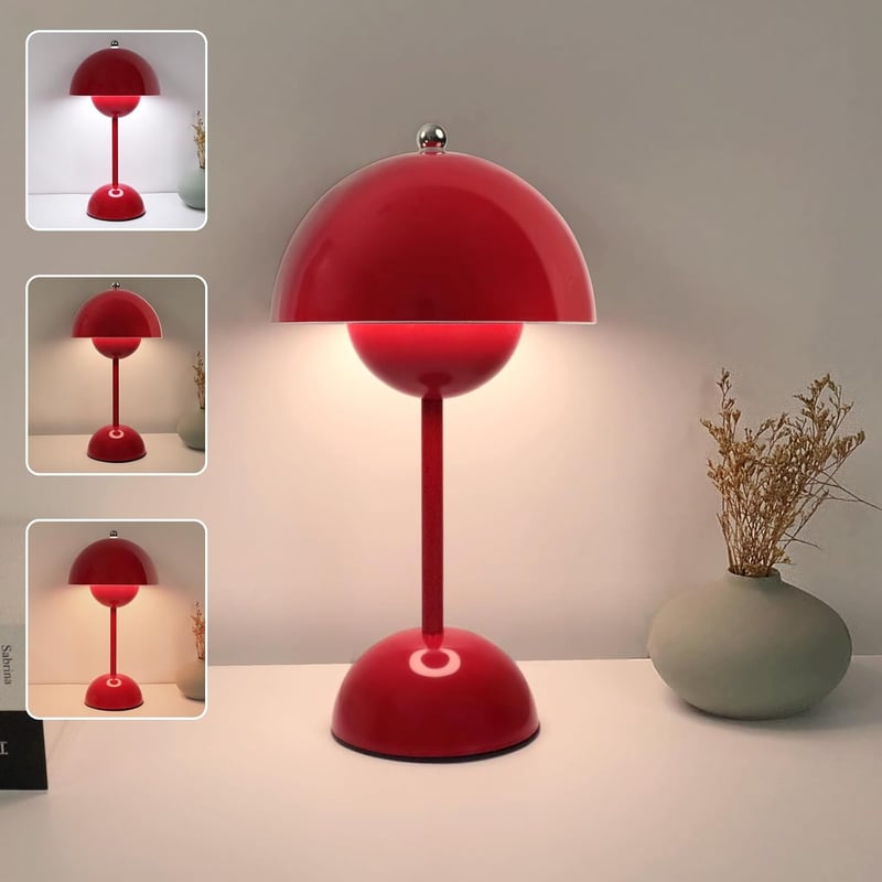 EXTRASTAR Gomba Alakú LED Asztali Lámpa - Piros Érintésvezérelt Fényerőszabályzós Lámpa 3 Színhőmérséklettel, USB Újratölthető, Hálószobába,