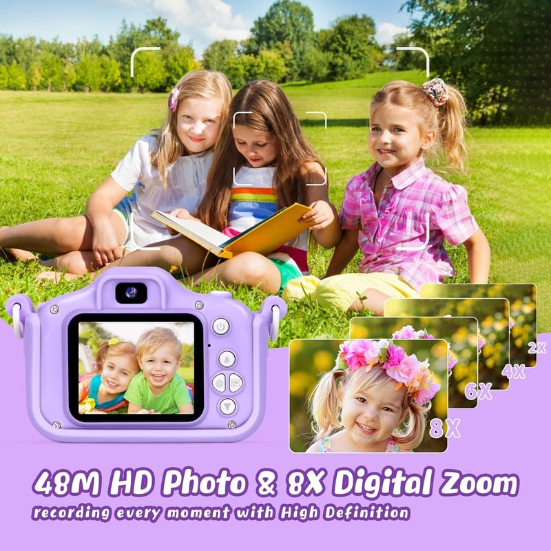 Lila 48 MP gyerek fényképezőgép 3-12 éveseknek, 1080P, 32GB SD kártyával, unikornis tokkal