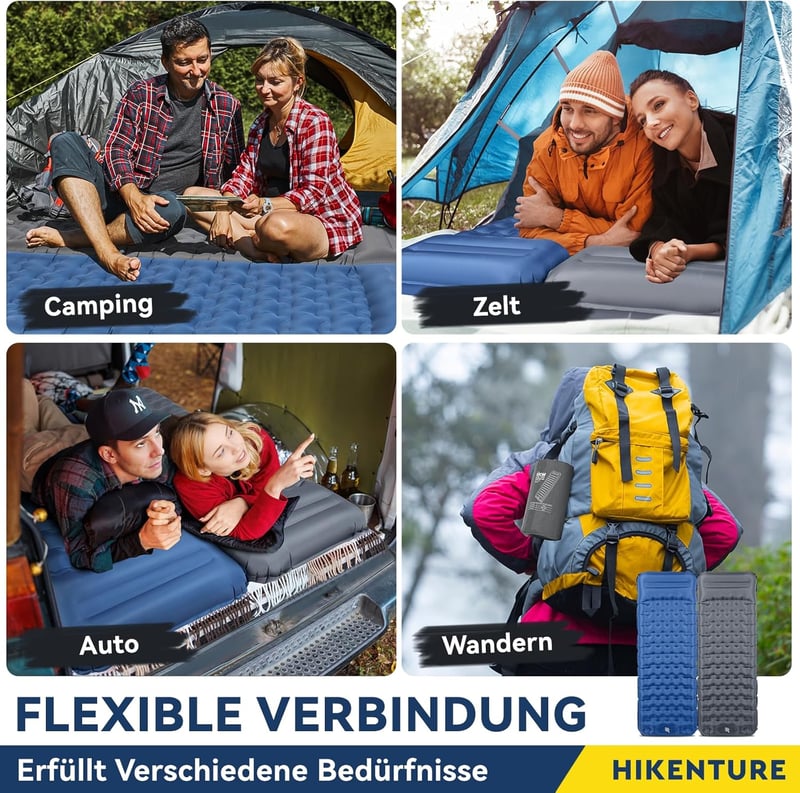HIKENTURE Önfelfújó Kempingmatrac 13 cm Vastag, Párnával és Lábpumpával - Ultrakönnyű Túramatrac Kempingezéshez, Kiránduláshoz, 300 kg Teher