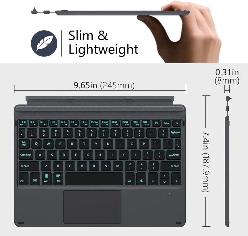 MoKo Bluetooth Billentyűzet Tok Surface Go 4/3/2/2018 Modellekhez, 7 Színű LED Háttérvilágítás, Érintőpaddal, Újratölthető Akkumulátor, Feke