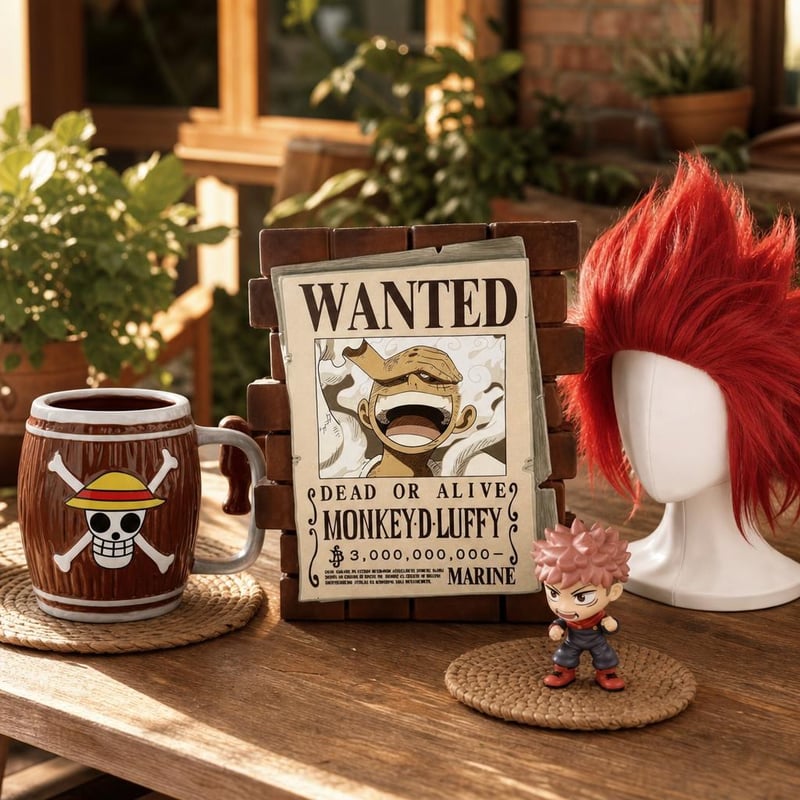 Anime poklon paket: Luffy kasica + One Piece šalica + crvena cosplay perika + Jujutsu Kaisen figura