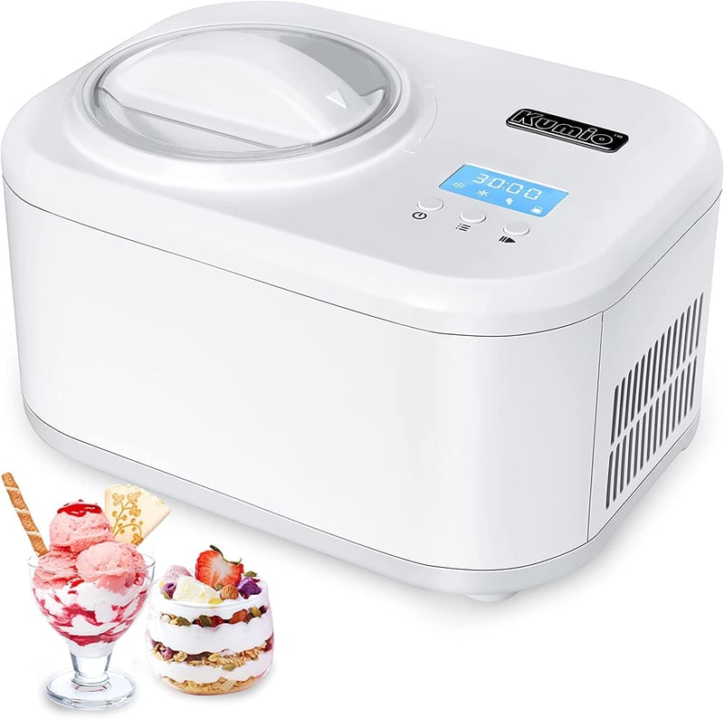 KUMIO Fagylaltkészítő Gép Kompresszorral - 1L Kapacitású Önhűtő Jégkrém és Joghurt Készítő LCD Kijelzővel, Időzítővel, Kivehető Keverőlapátt