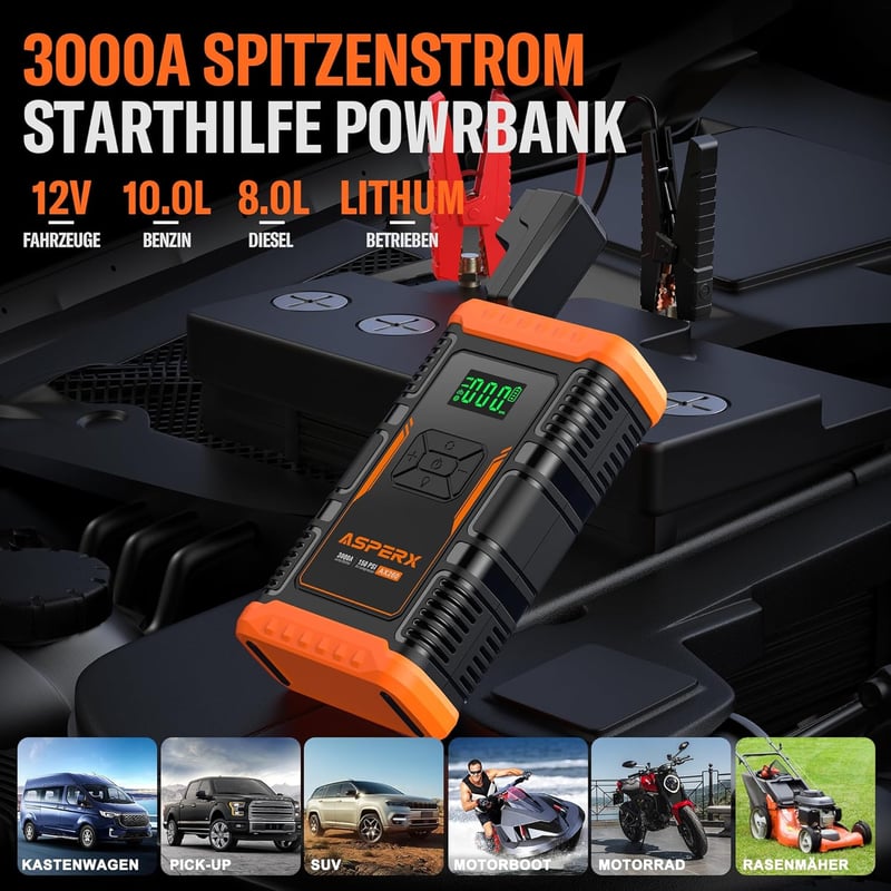 ASPERX 3000A Autós Indításrásegítő Powerbank Kompresszorral, 150PSI, LED Lámpával