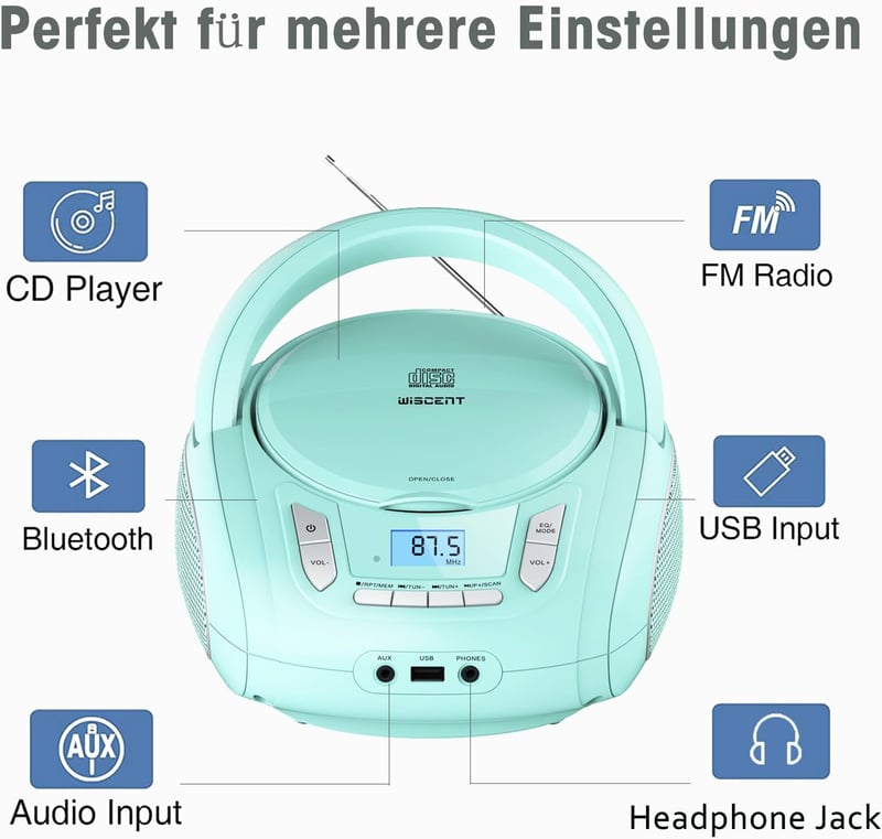 WISCENT Hordozható CD Lejátszó Bluetooth-szal, FM Rádióval, USB MP3 Lejátszással, AUX Bemenettel, Fejhallgató Csatlakozóval, CD-R/RW és MP3-