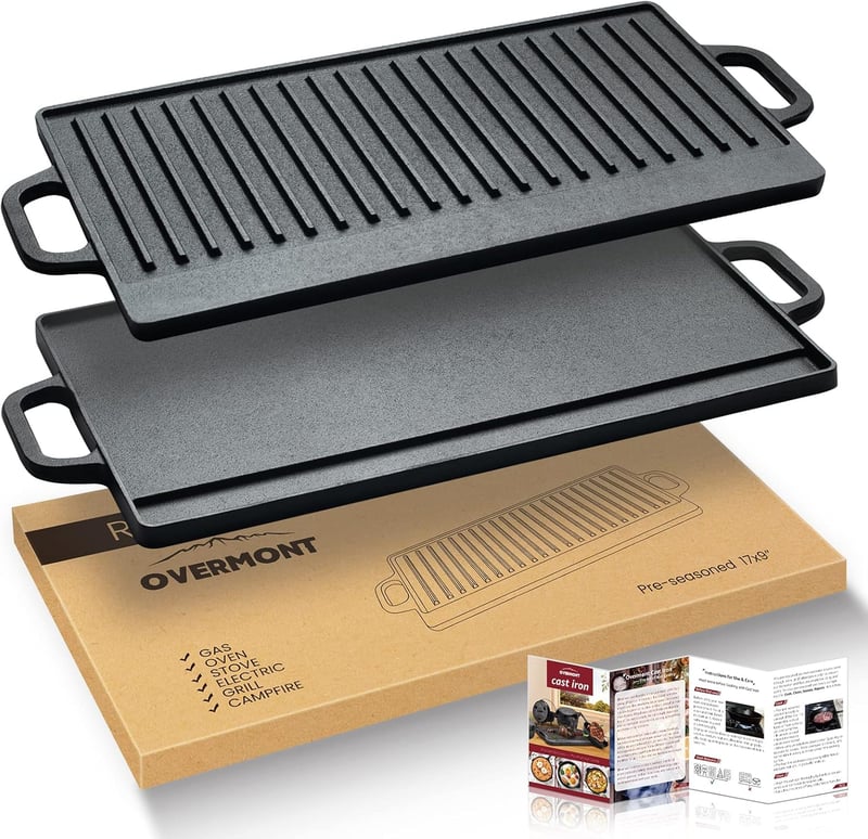 Overmont kétoldalas öntöttvas grillap fogantyúkkal, 50x23 cm, BBQ-hoz és tűzhelyhez
