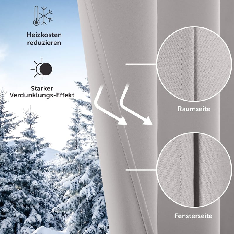 Blumtal Sötétítő Függöny Szett - 2 db Hőszigetelő Fényblokkoló Függöny Fémkarikákkal, 215x132 cm, Szürke, Nappali és Hálószoba Dekoráció