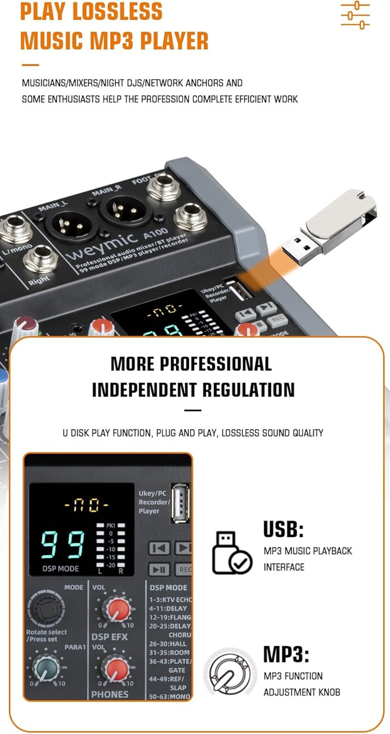 Weymic A80 Professzionális DJ Keverőpult - 8 Csatornás Hangkeverő 99 DSP Effekttel, USB, Bluetooth, XLR Mikrofon Bemenettel, Karaoke és Stúd - A80 8 Channel
