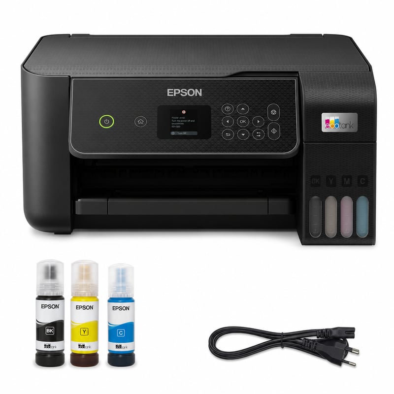 Epson EcoTank ET-2870 A4 Wi-Fi višenamjenski printer s tintnim spremnicima — neispravan, djelomično radi: zaustavlja se uz poruku o pogrešci, bez kompleta tinti (stanje: vidi 2. sliku)