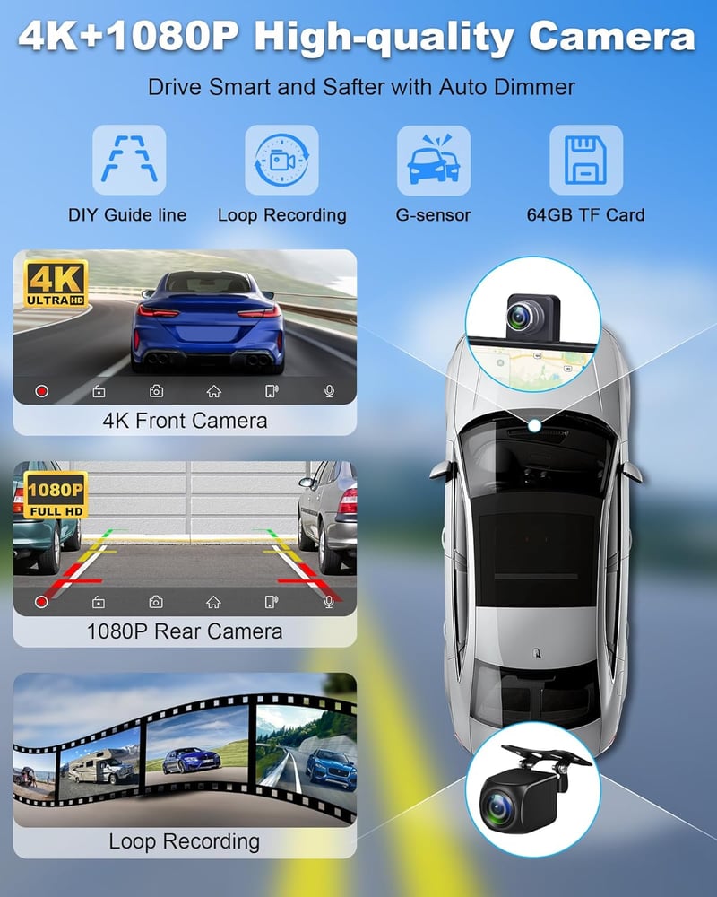 Vtopek 10,26" 4K Apple CarPlay Kijelző 350° Forgatható Kamerával - Vezeték Nélküli Android Autós Monitor, Bluetooth, Siri, Navigáció, 64GB T