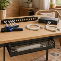 Hálózatépítő bázis: krimpelő fogó + 16 portos patch panel + 5 portos PoE switch + 2x CAT8 + kábelrendező 1