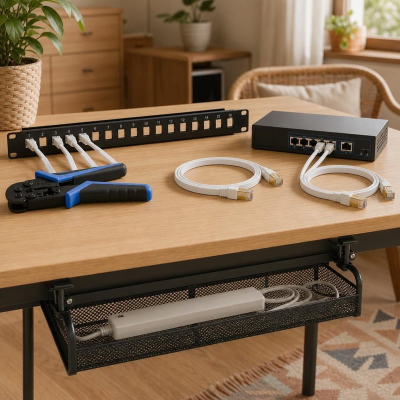 Hálózatépítő bázis: krimpelő fogó + 16 portos patch panel + 5 portos PoE switch + 2x CAT8 + kábelrendező