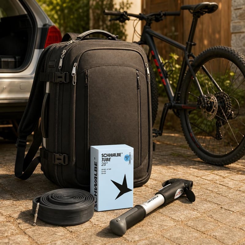 Kit Ciclist: cameră universală + pompă mini cu manometru + rucsac TSA 60L
