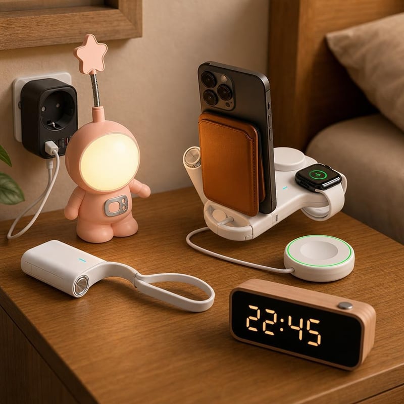 Nočný nabíjací set: 1x powerbanka + 1x USB rozbočovač + 1x nabíjačka na hodinky + 1x MagSafe stojan + 1x lampa