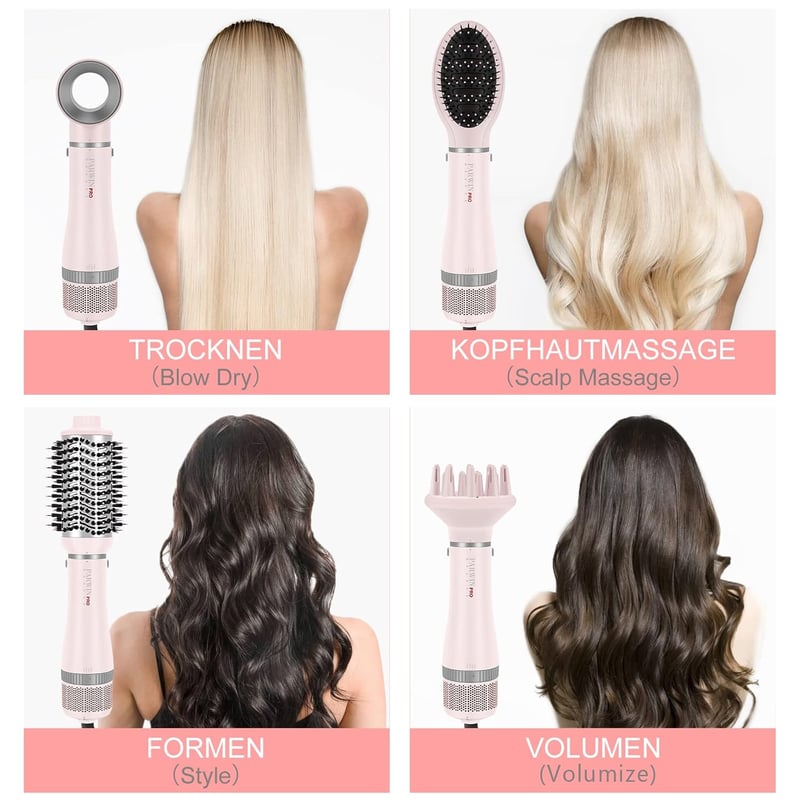 Parwin Pro Beauty 4 az 1-ben Hajszárító Készlet - Ionos Hajformázó Kefe 4 Tartozékkal Szárításhoz, Egyenesítéshez és Dúsításhoz - 1000W, Róz