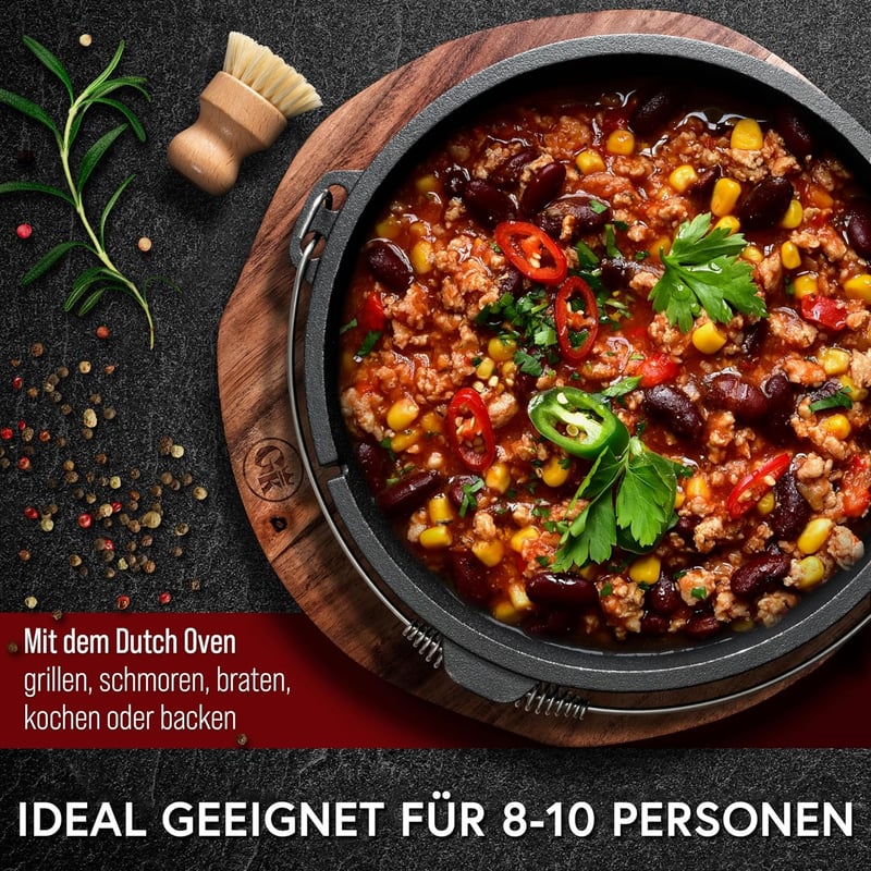 Gusskönig 12L Öntöttvas Dutch Oven Készlet - Láb Nélküli Tűzálló Edény Dupla Funkcióval - Fedélemelővel, Kefével és Receptkönyvvel - 8-10 Sz