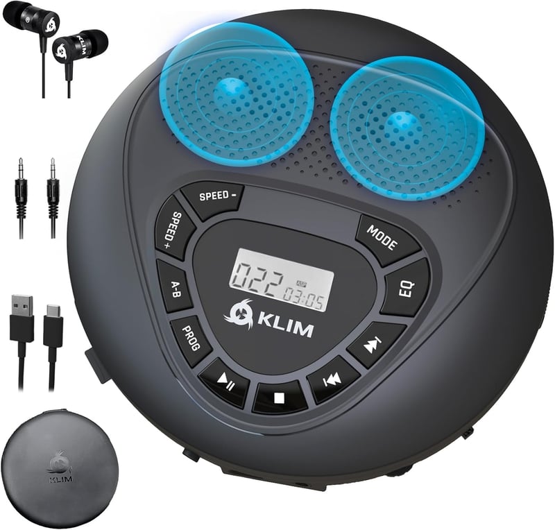 KLIM Nomad Hordozható CD Lejátszó Beépített Hangszóróval - Bluetooth, SD Kártya, AUX, Újratölthető Akkumulátor, Fejhallgatóval - Autóba is