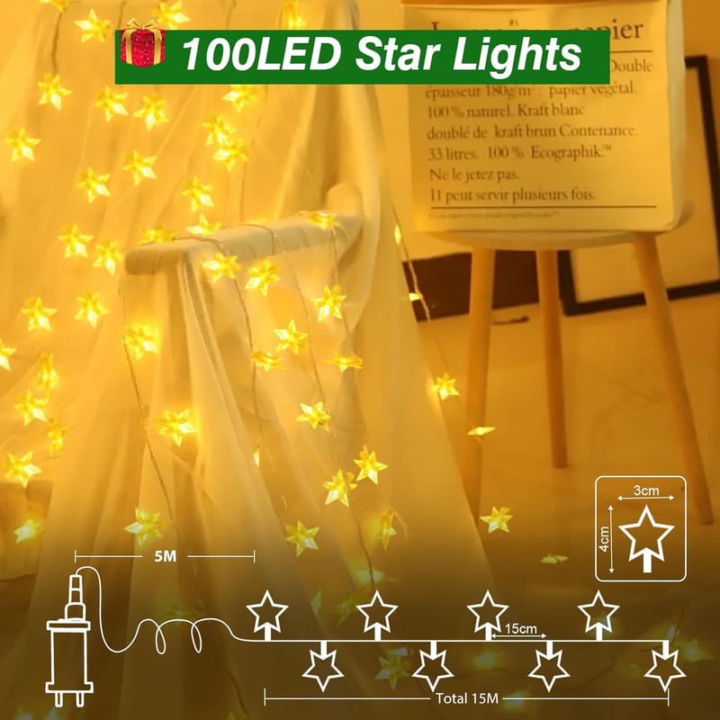 cshare Csillag Fényfüzér 15m - 100 LED Kültéri Világítás 8 Programmal, Időzítővel, IP65 Vízálló Dekoráció Karácsonyra, Kertbe, Beltérre, Mel