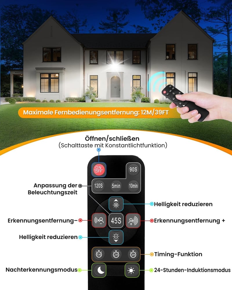 MEIKEE 35W LED Reflektor Mozgásérzékelővel - 3440LM, 6500K Hideg Fehér, IP66 Vízálló, 10 Fényerőszint, Távirányítóval - Kerthez, Garázshoz, 