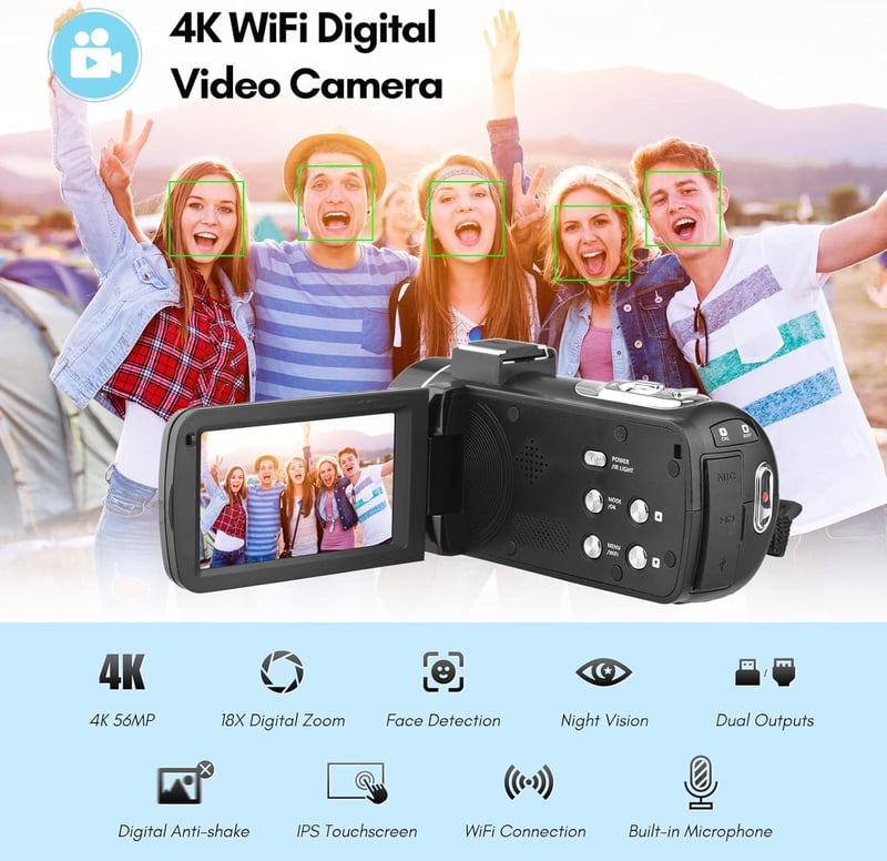 Camnoon 4K Akciókamera 56MP IPS Érintőképernyővel - WiFi, Arcfelismerés, Éjjellátó, Stabilizátor, 2 Akkumulátor és Távirányító