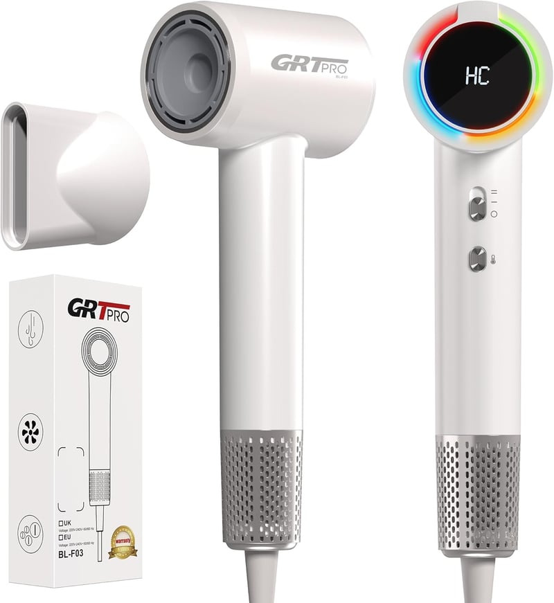 GRT PRO SmartAI-Temp Pro Hajszárító - 2200W, 200 Millió Negatív Ion, 340g Ultrakönnyű, AI Hőmérséklet Szabályozás, Gyorsszárítás, Utazáshoz 
