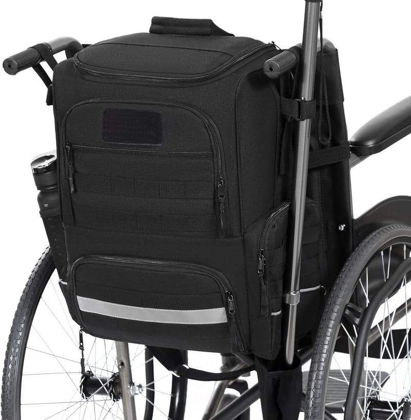 BlesMaller Kerekesszék Táska - Nylon Hátizsák Járókerethez, Hőszigetelt Rekesszel és Mankótartóval, Laptoptárolóval, Éjszakai Fényvisszaverő