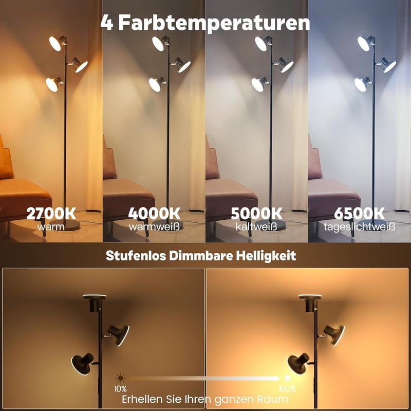 SIBRILLE Állólámpa 36W 2500LM - Távirányítós LED Dimmelhető 3 Fényforrással, 2700K-6500K Színhőmérséklet, Érintésvezérelt Modern Fekete Lámp