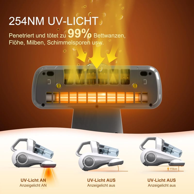 Dibea UV-10 Matrac Porszívó 10000 Pa 300W UV Lámpával - Poratka Eltávolító Ágymattress Tisztító HEPA Szűrővel, 400ml Portartály, Allergiások