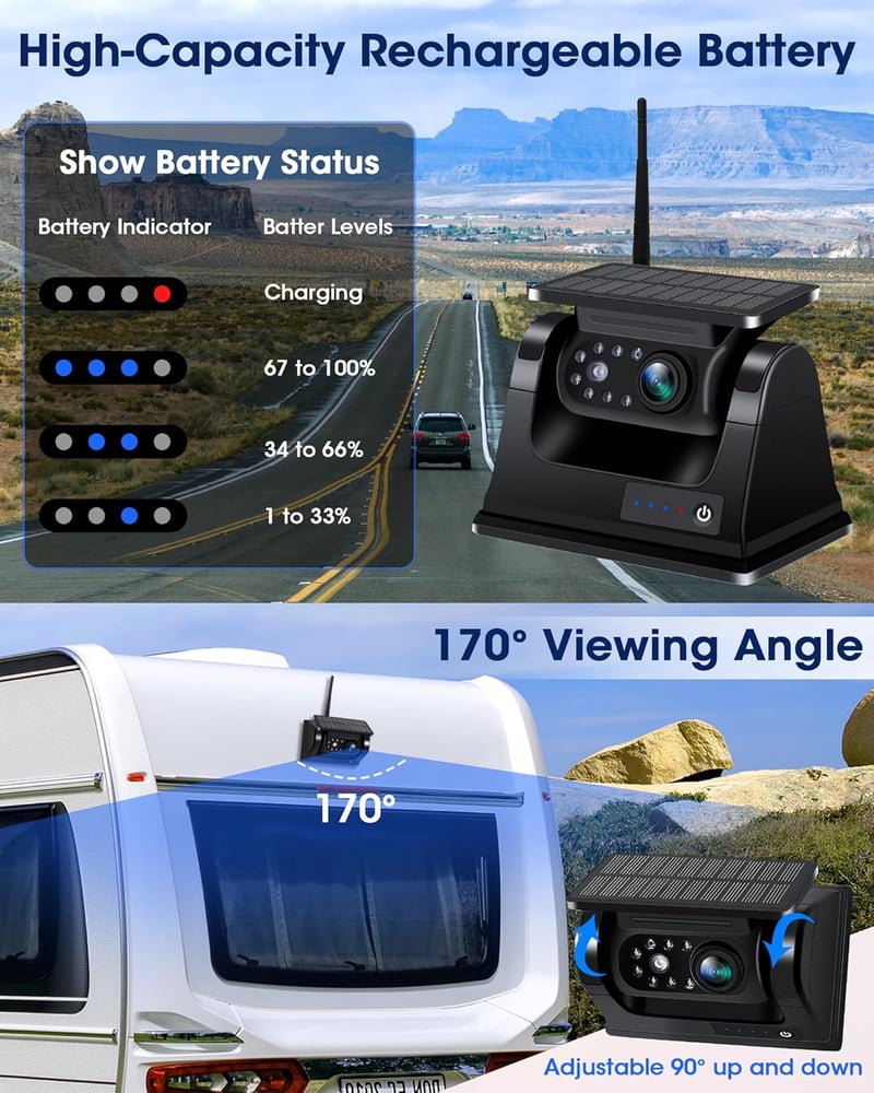 Vezeték nélküli tolatókamera 7" monitorral - Napelemes, mágneses, 9600 mAh akkumulátor, 1080P éjjellátó, autóhoz, lakókocsihoz, teherautóhoz