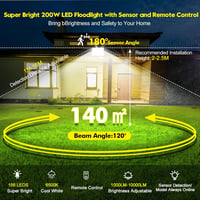 Viugreum 200W LED Reflektor Mozgásérzékelővel - 20000lm, 6500K Hideg Fehér, IP66 Vízálló Kültéri Lámpa Kerthez, Udvarhoz, Garázshoz 5