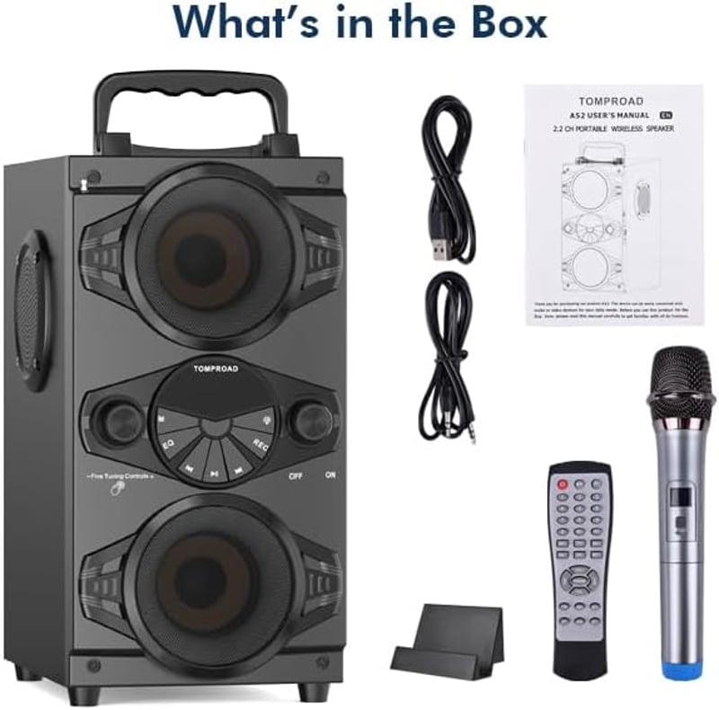 TOMPROAD Bluetooth Hangszóró 60W - Hordozható Vezeték Nélküli Hangfal Karaoke Funkcióval, FM Rádióval, LED Világítással és Távirányítóval