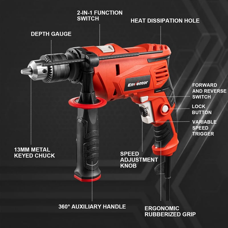 ENVENTOR 900W Ütvefúró, 2 az 1-ben Elektromos Fúró 36 Tartozékkal, 0-3000 RPM, 360° Forgatható Fogantyú, 13mm Tokmány, Betonhoz, Fémhez és F