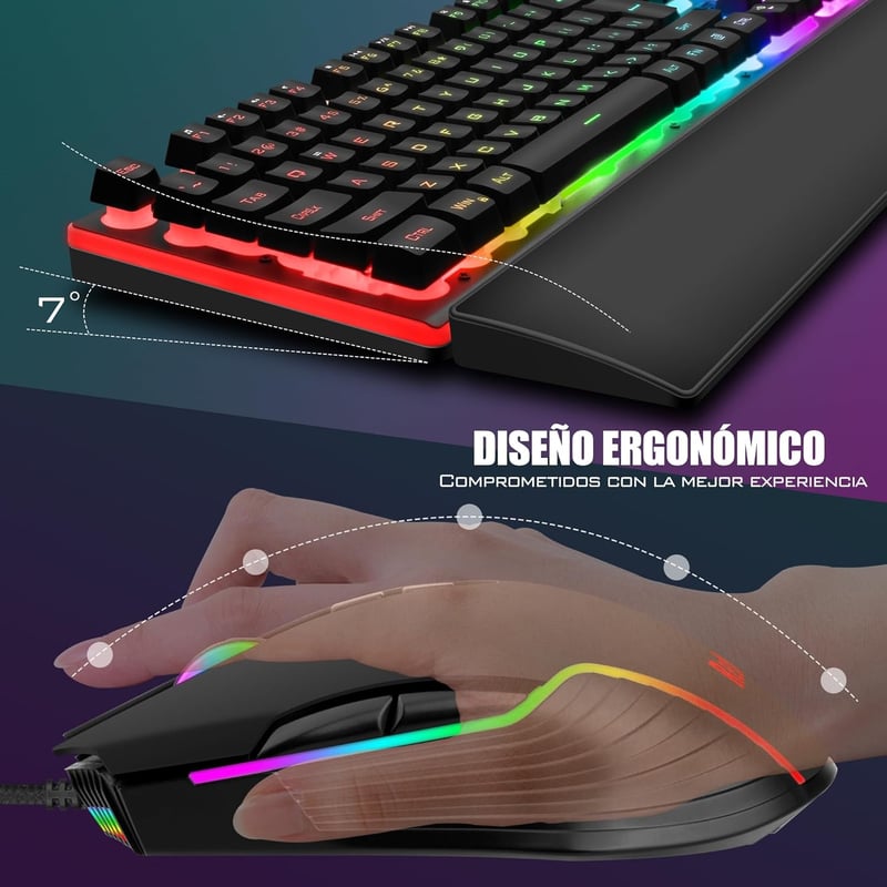 RedThunder K10 3-in-1 Gamer Billentyűzet és Egér Szett Bőr Csuklótámasszal, RGB Háttérvilágítás, Mechanikus Érintés, Spanyol Kiosztás, 7200