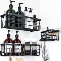 Uamector Zuhanyzó Polc Szett, 3 db Fekete Fürdőszobai Fali Tároló, Fúrás Nélkül, Rozsdamentes Acél, 20 kg Teherbírás, Samponhoz és Tusfürdőh 1